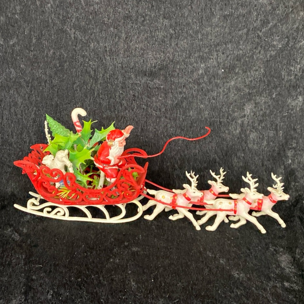 1960s Plastic Blow Mold Santa Claus Flocked Sleigh Reindeer Tabletop Christmas